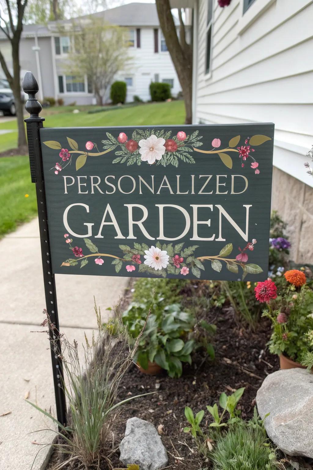 A personalized garden sign with a family's name, surrounded by colorful blooms.