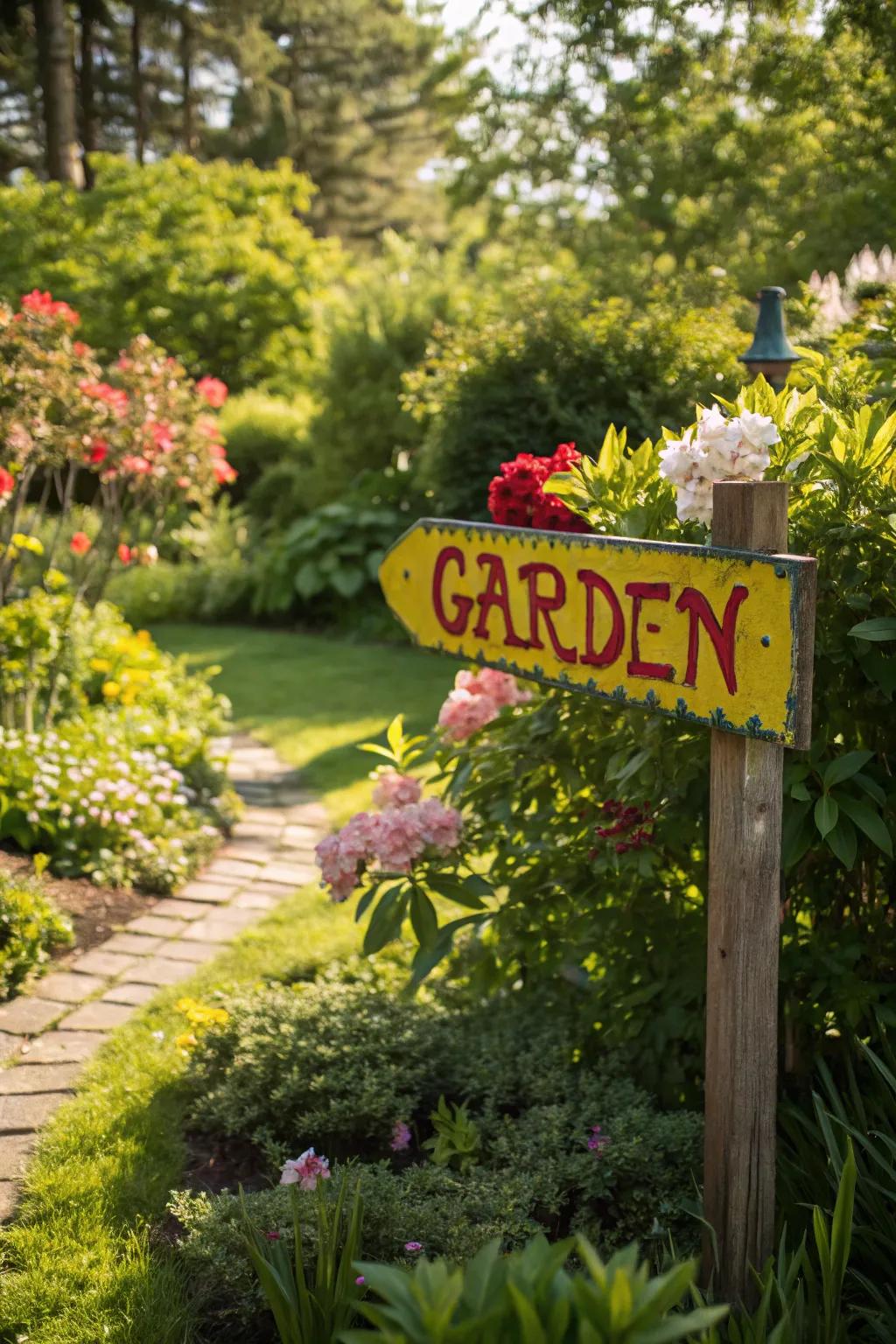 A brightly colored garden sign that pops against the greenery, making a bold statement.