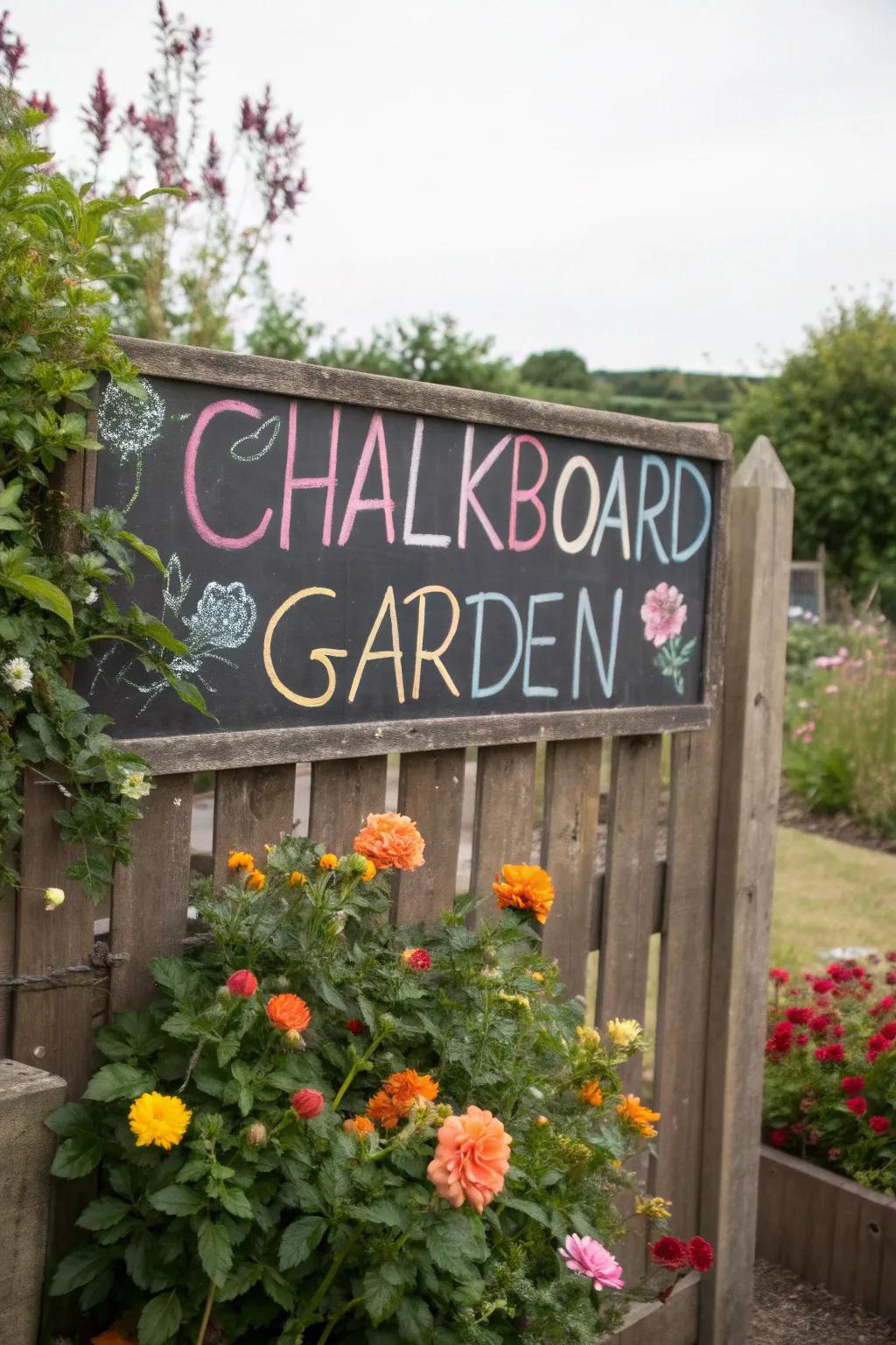 A chalkboard garden sign with a handwritten message, offering versatility and charm.