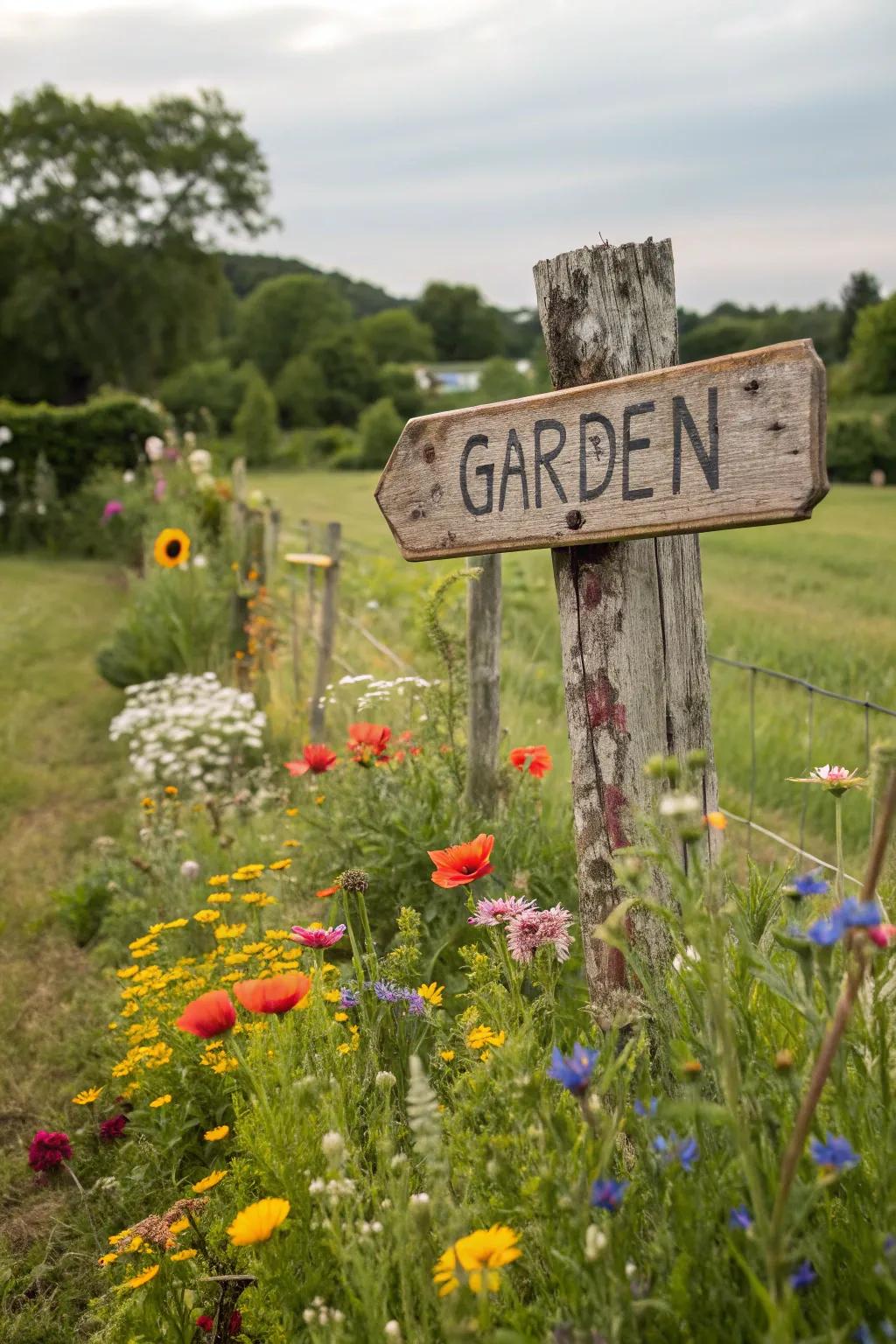 A rustic wooden sign nestled among wildflowers, adding charm to any garden.