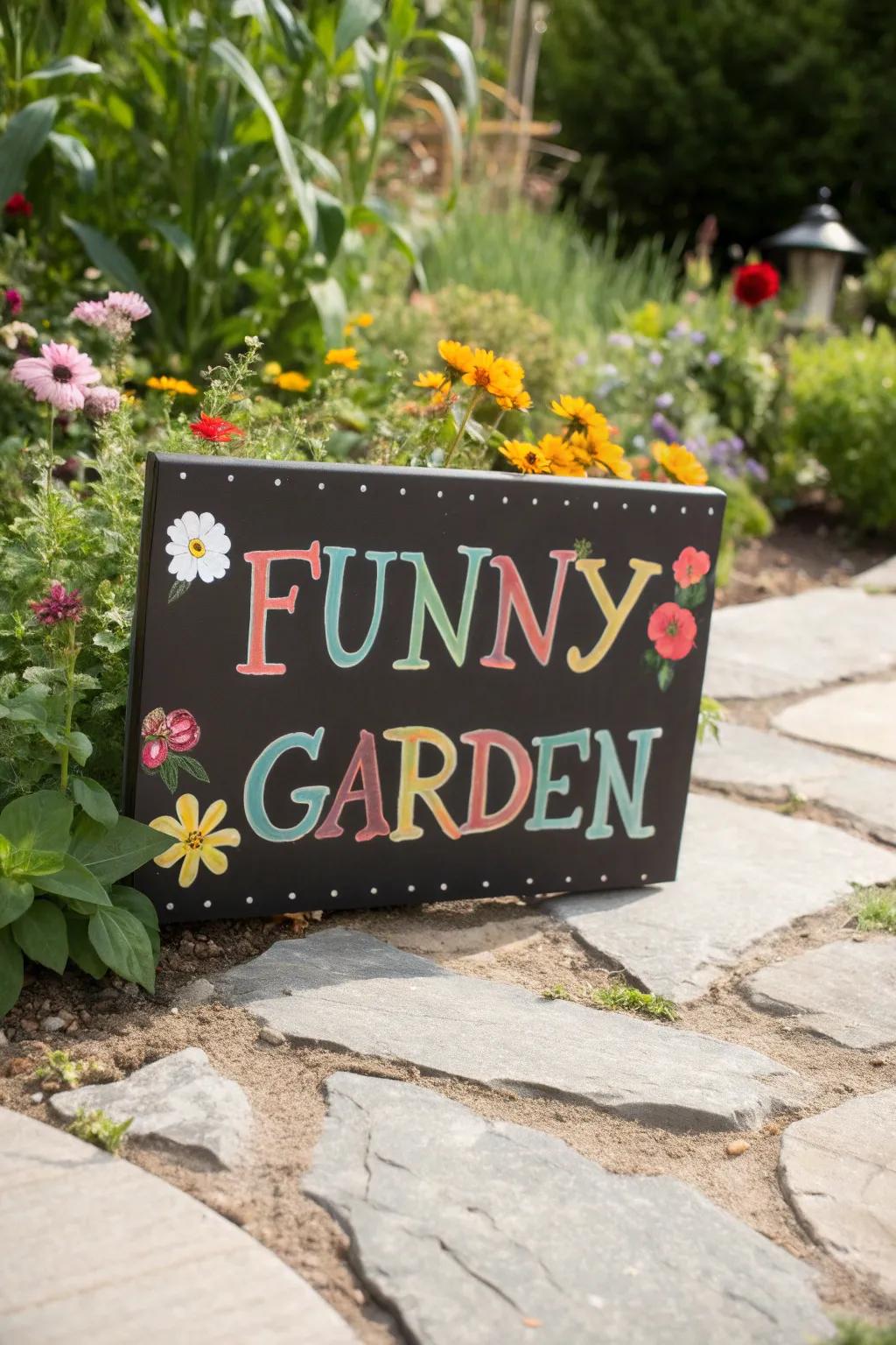 A humorous garden sign with a witty saying, adding lightheartedness to the garden.