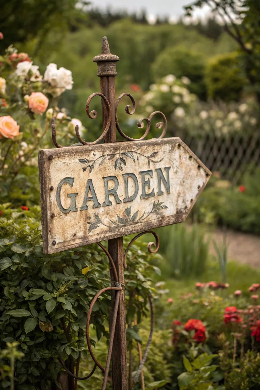 A vintage-style garden sign with an antique finish, adding timeless charm to the garden.