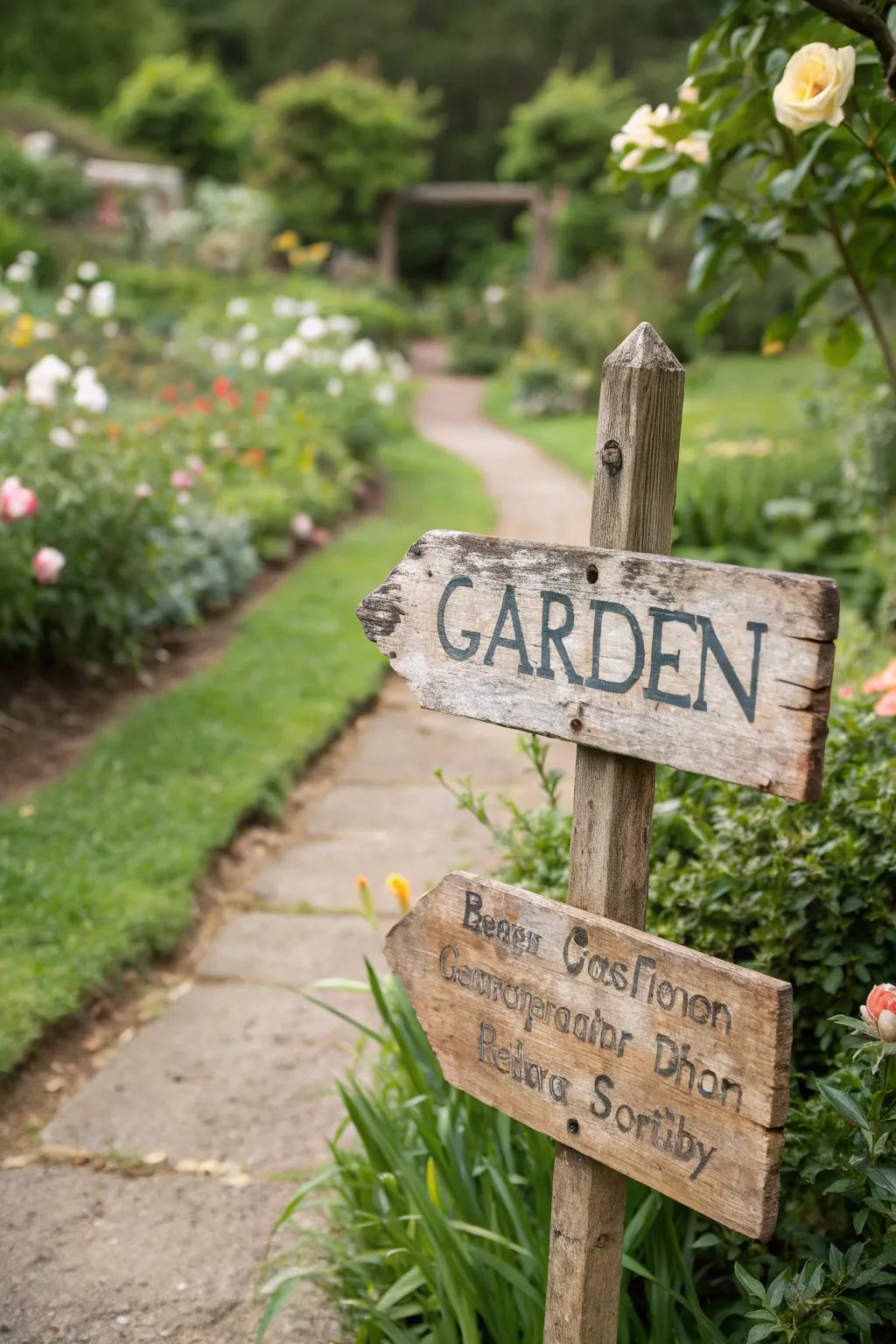 An eco-friendly garden sign crafted from sustainable materials, blending with nature.