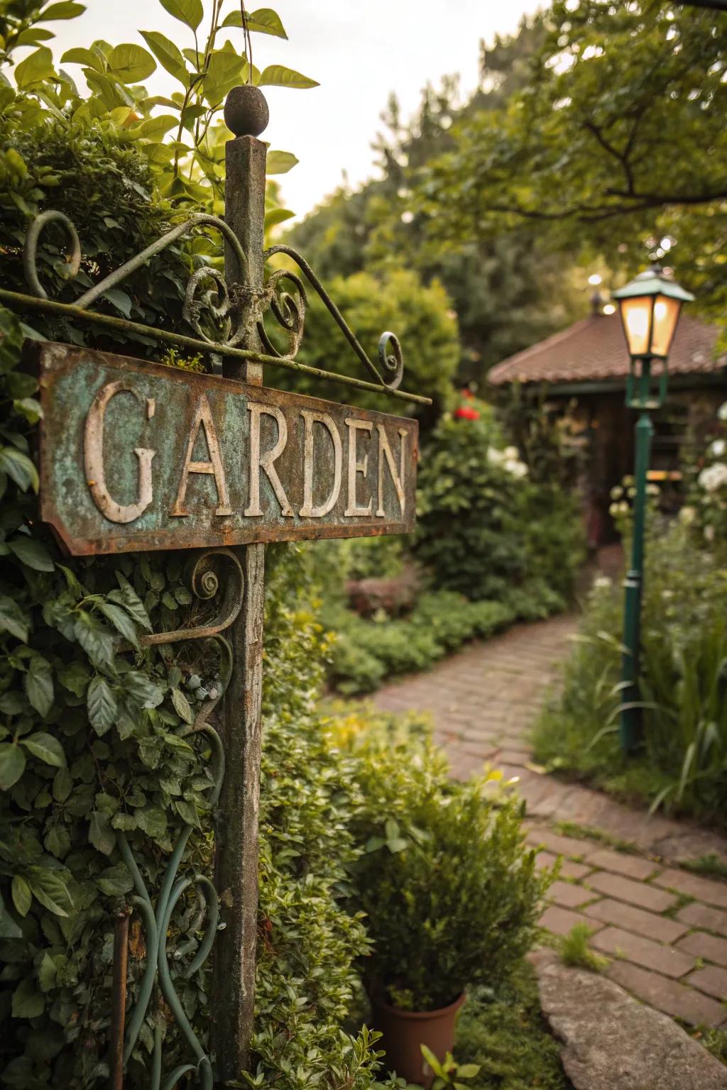 A rustic metal garden sign with a patina, offering a stylish industrial touch.