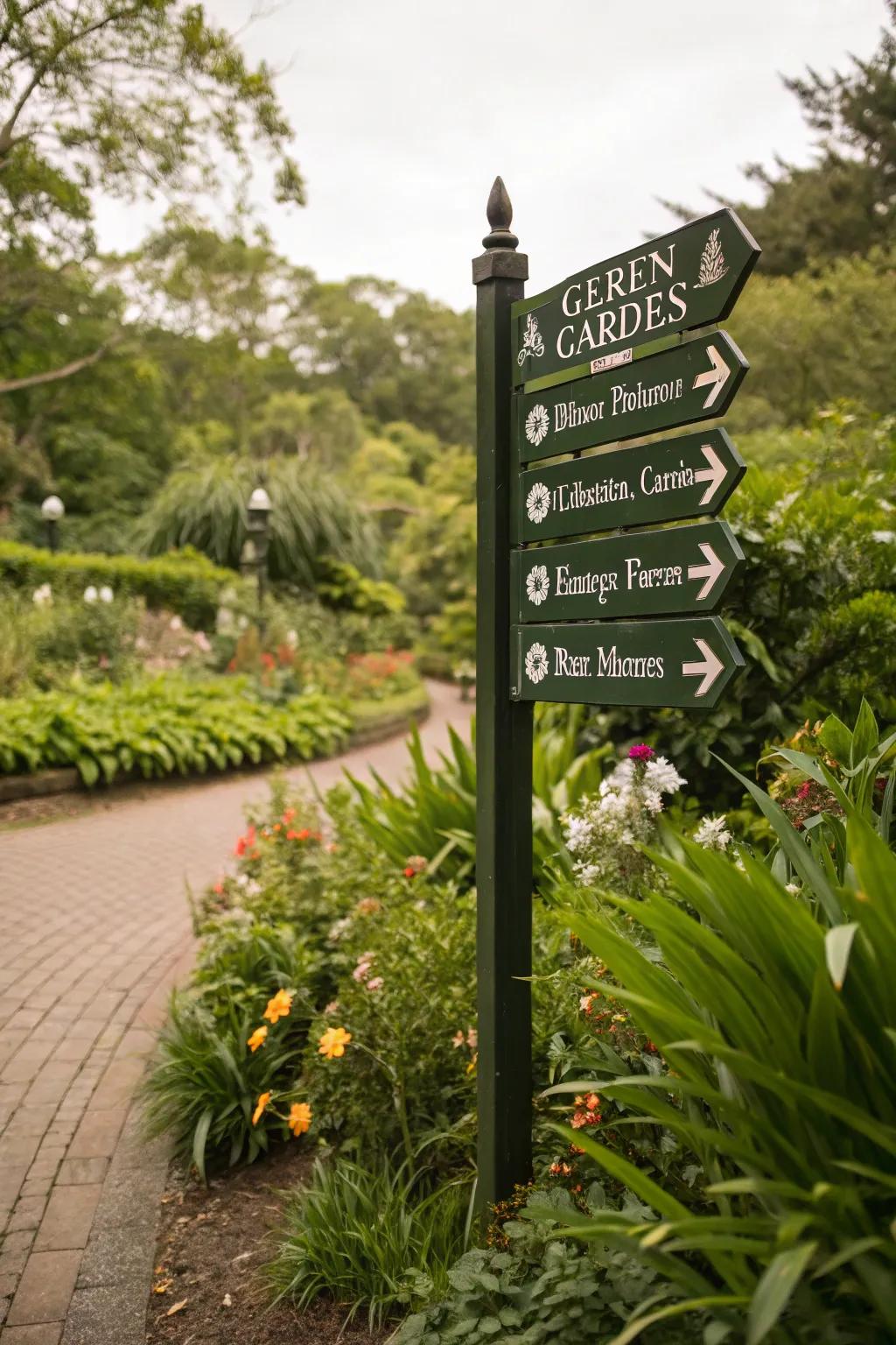 A whimsical garden sign with arrows, guiding visitors through a verdant landscape.