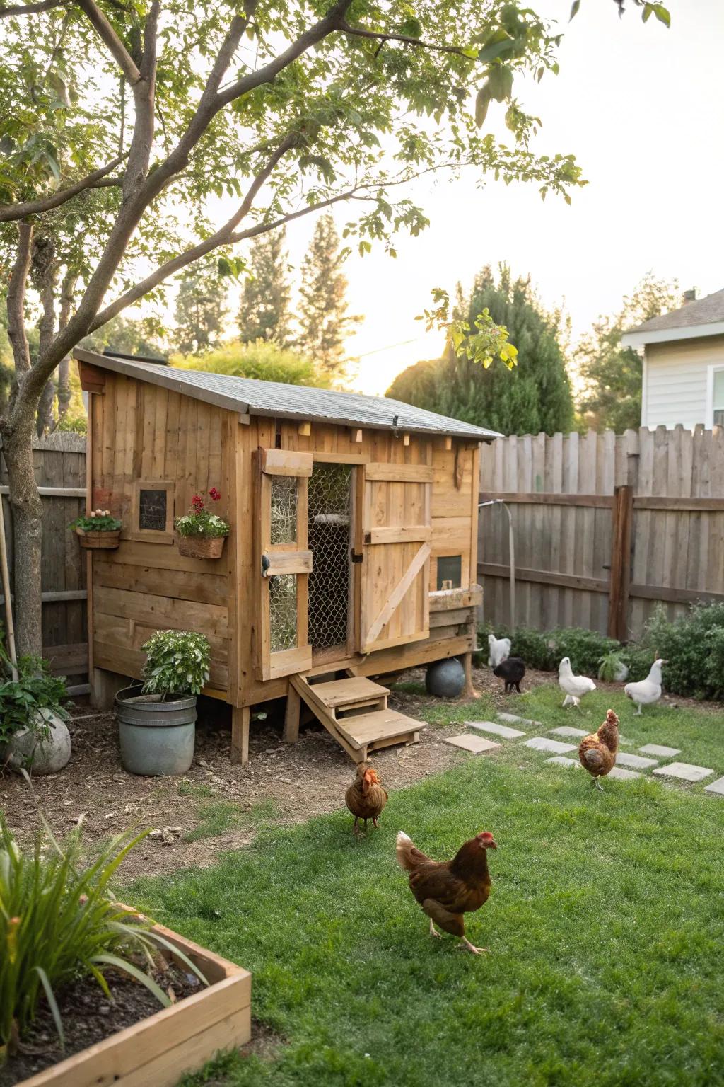 A rustic pallet coop that combines charm with sustainability.
