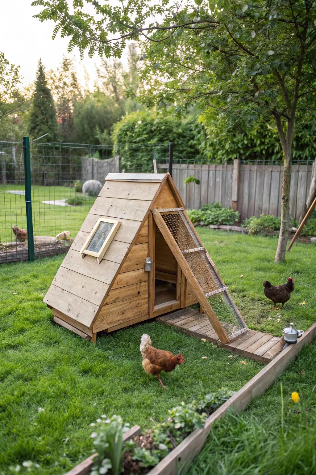An A-frame coop offering simplicity and practicality in design.
