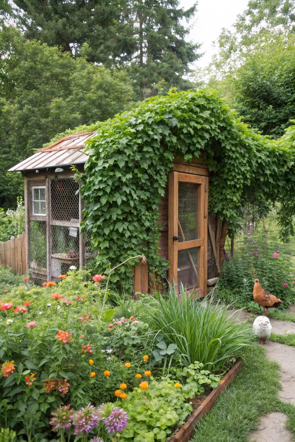A secret garden coop that blends seamlessly with nature.