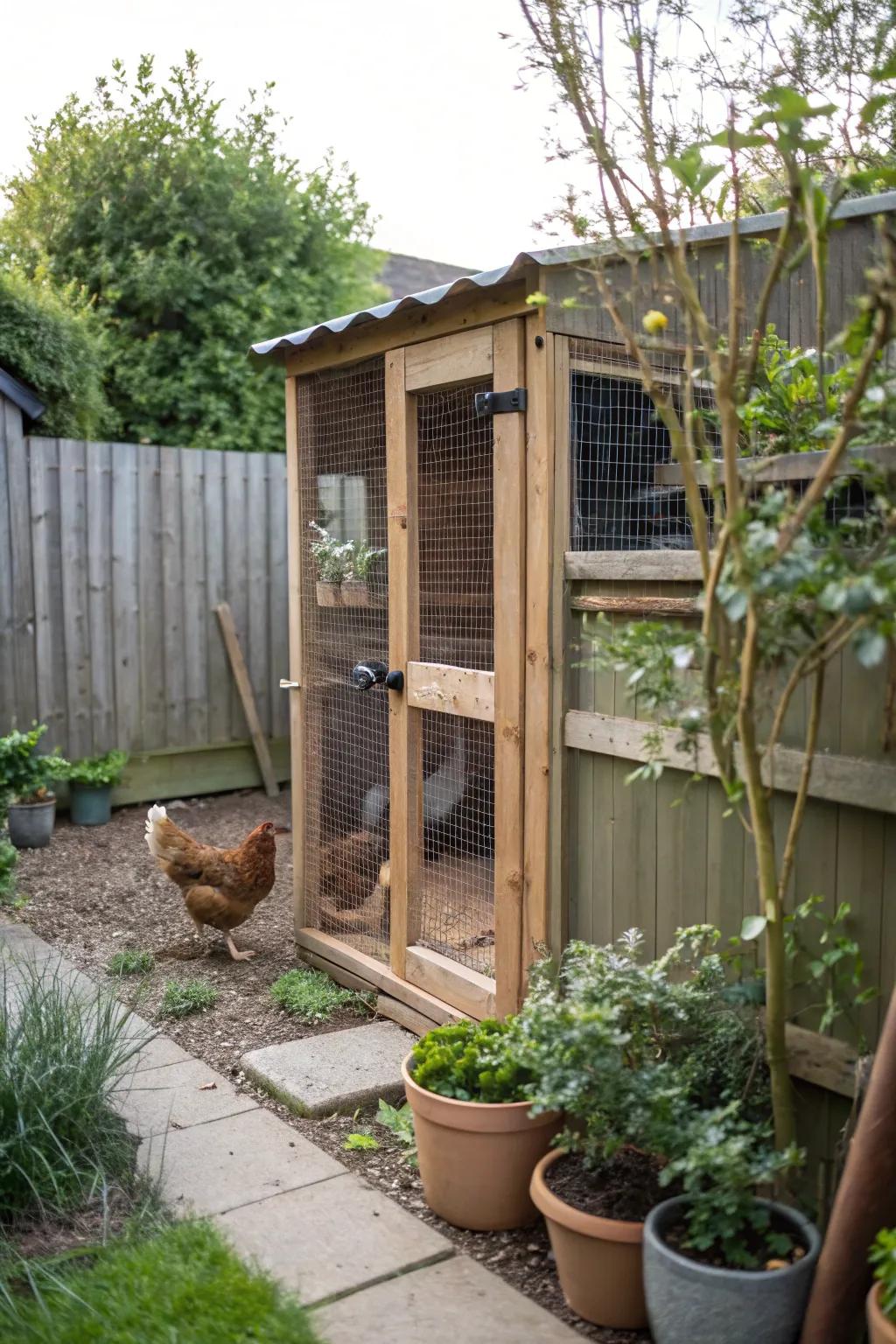 A vertical chicken coop that saves space while providing ample room for chickens.