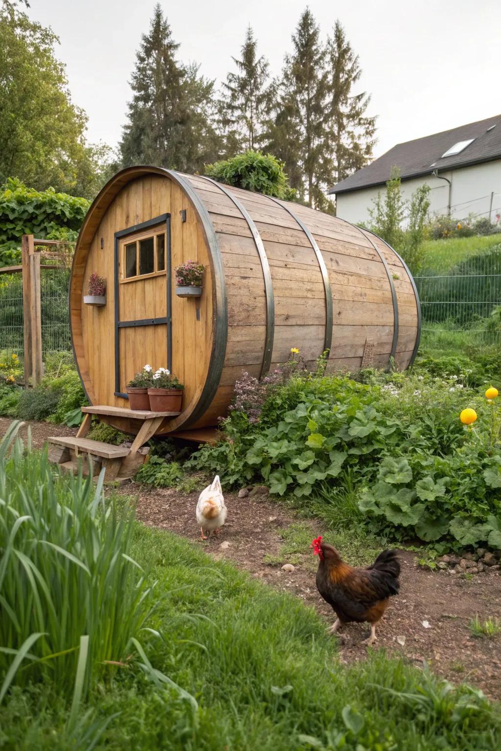 A DIY barrel coop offering a unique and compact solution for chicken housing.
