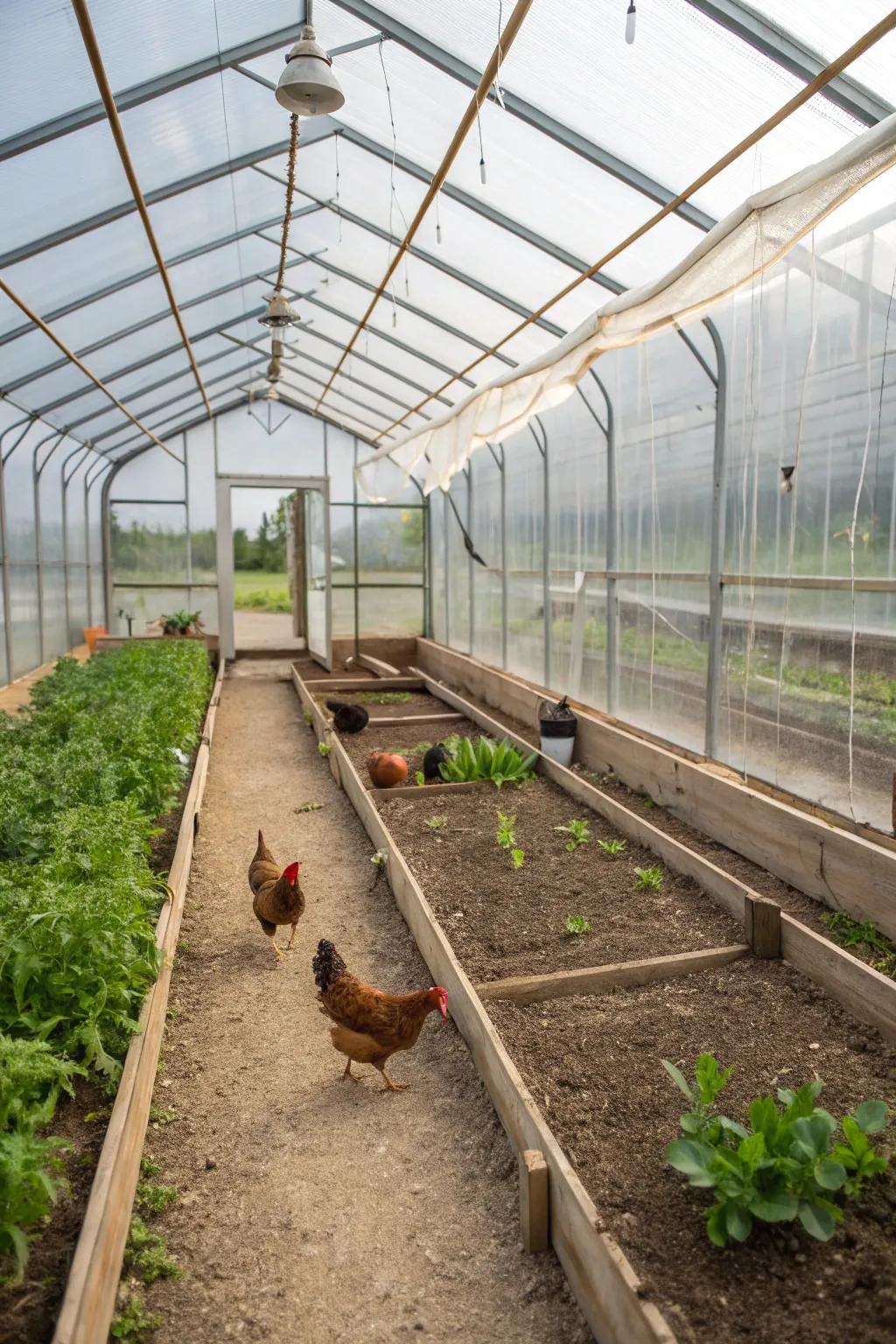 A greenhouse coop that maximizes utility by housing chickens and starting plants.