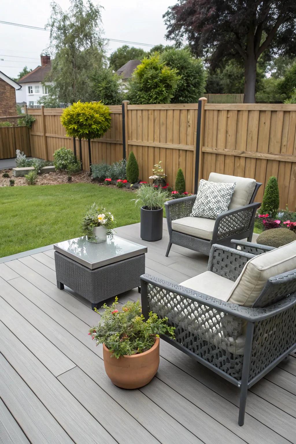 A stylish deck serves as a versatile space for entertaining and relaxing.