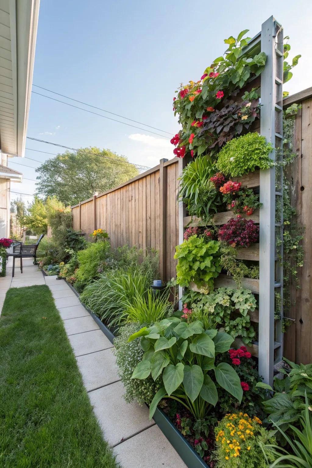 A vertical garden can bring vibrant life to any backyard wall.
