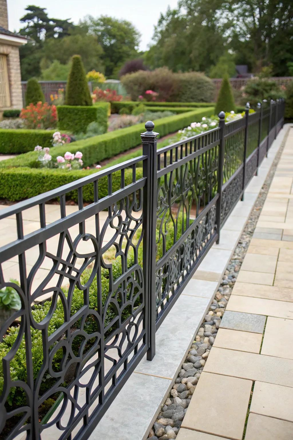 Geometric patterns add a modern twist to iron fences.
