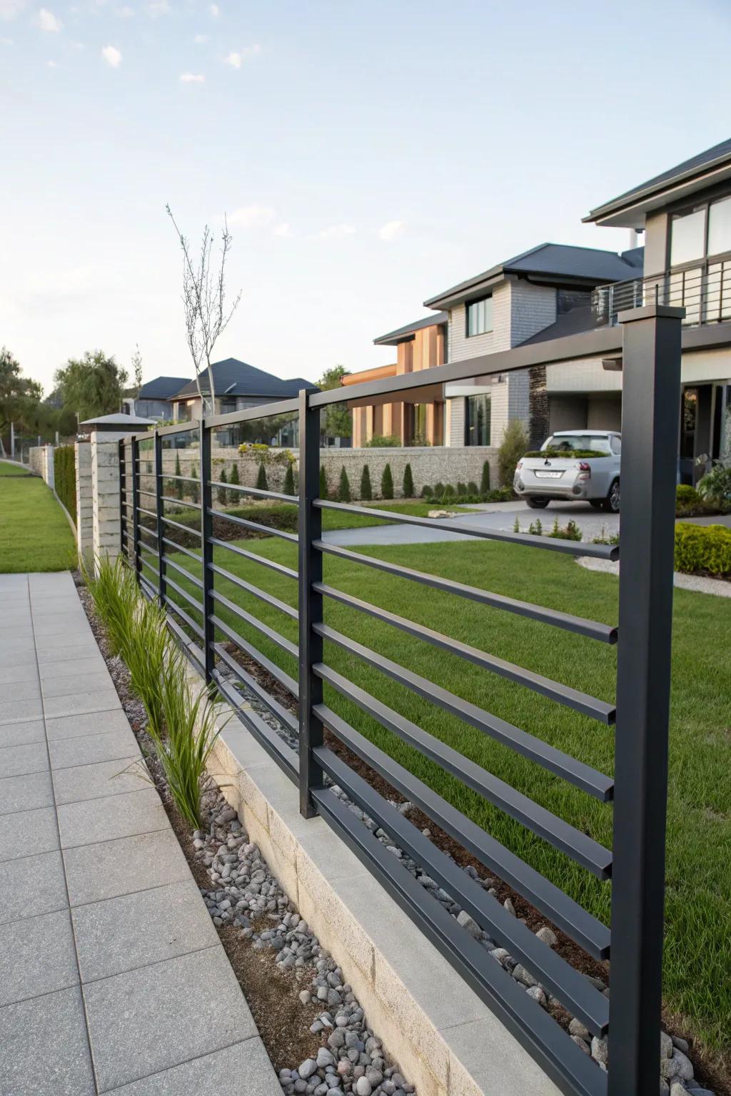 Horizontal bars add a modern touch to iron fences.