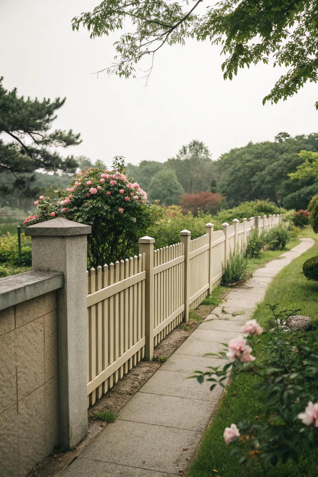 Neutral tones create a calm atmosphere with a concrete-based fence.
