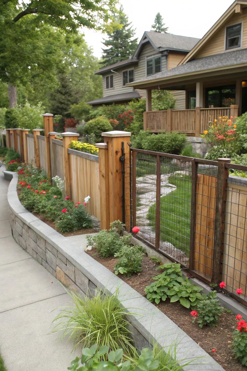 A mixed material fence provides a textured, artistic look.