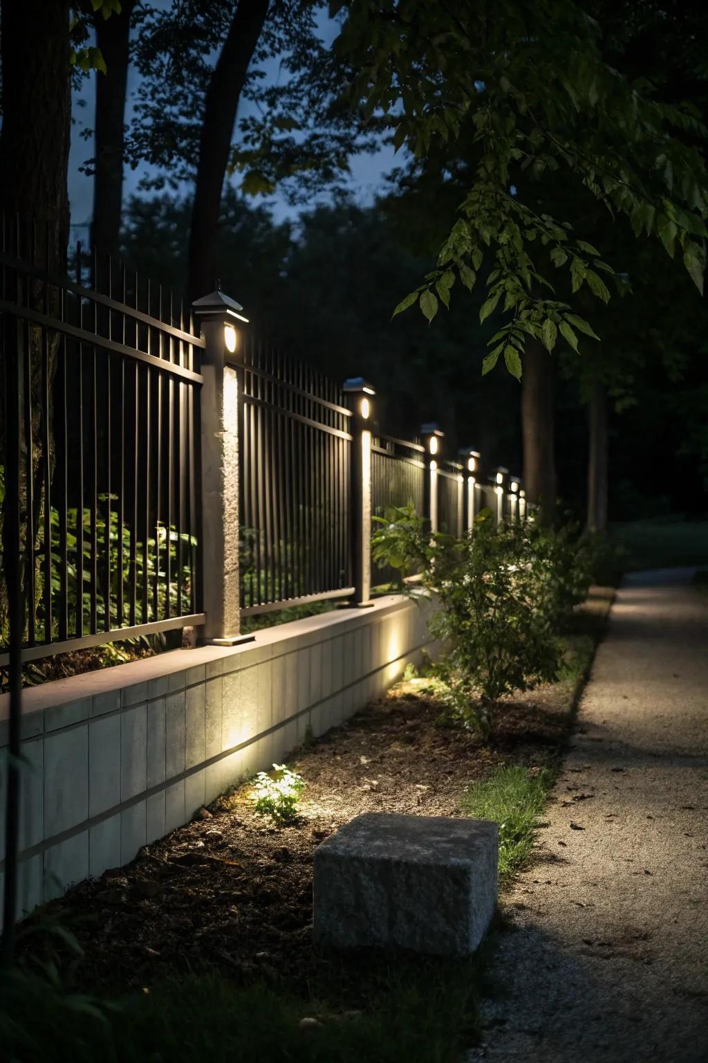 Built-in lighting transforms a concrete-based fence into a nighttime feature.