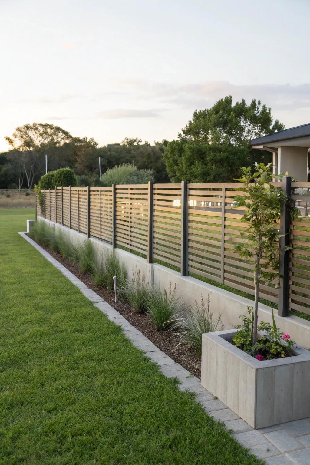 Horizontal slats add a modern twist to a concrete-based fence.