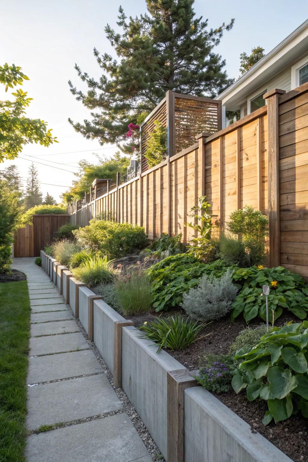 Wooden panels atop a concrete base create a warm yet modern fence.