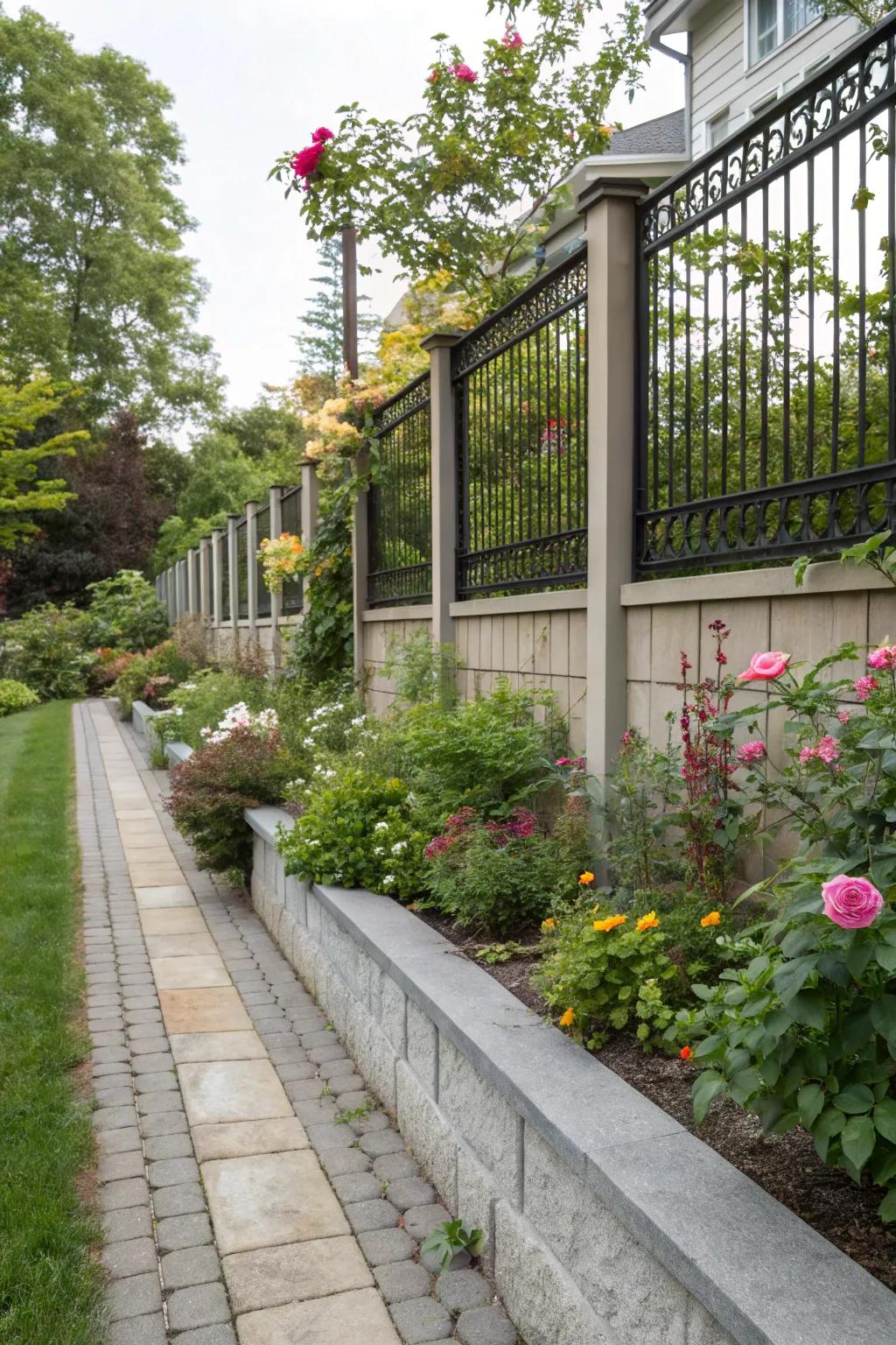 A fence integrated with planters creates a seamless natural connection.