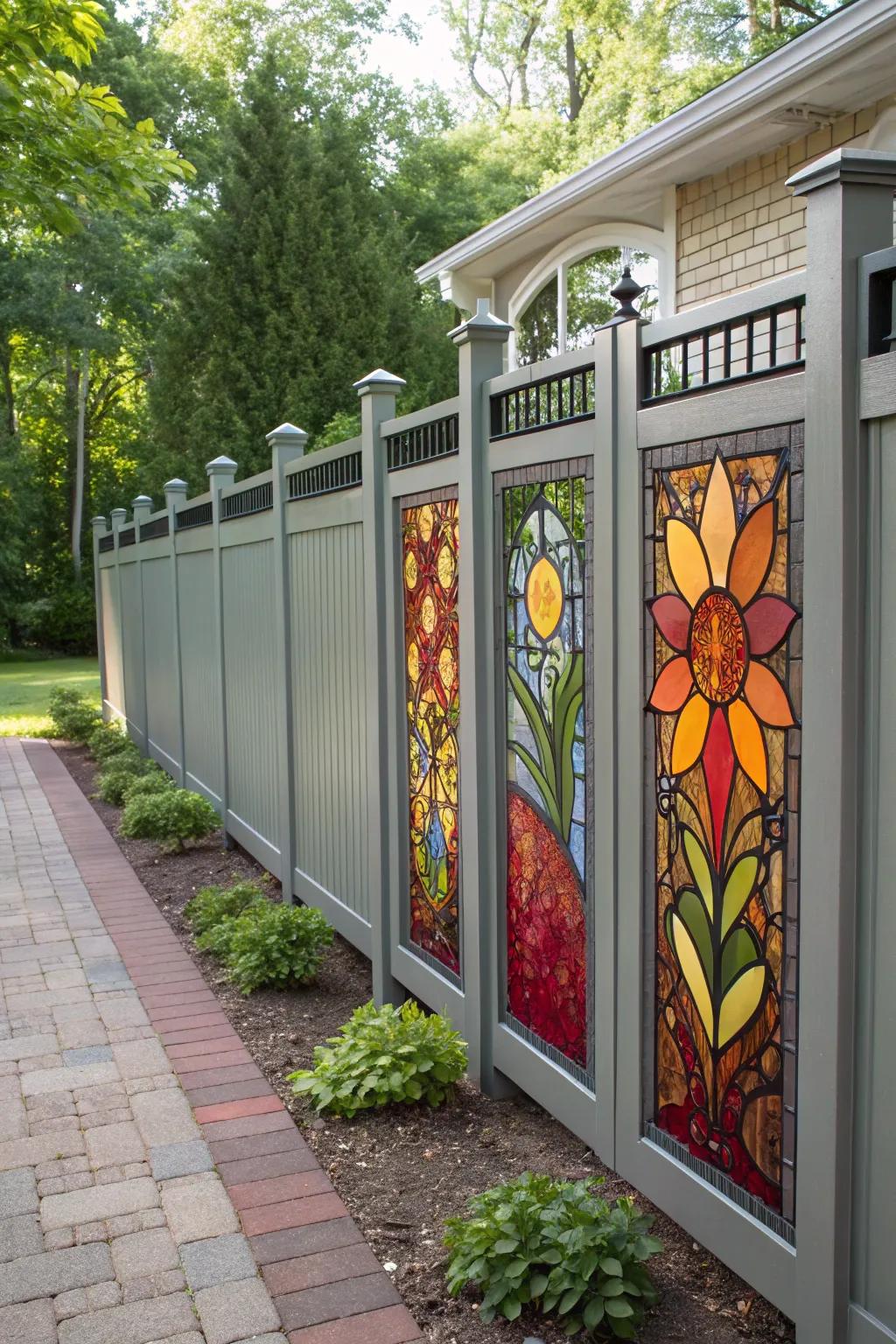 Add a splash of color with stained glass fence inserts.