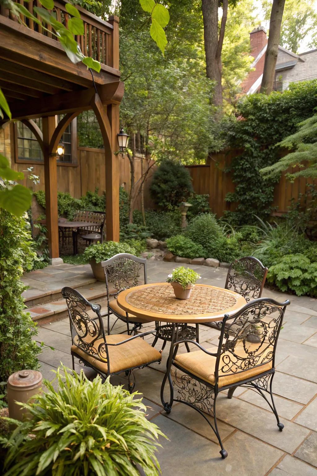 Mixing materials creates a visually interesting patio.