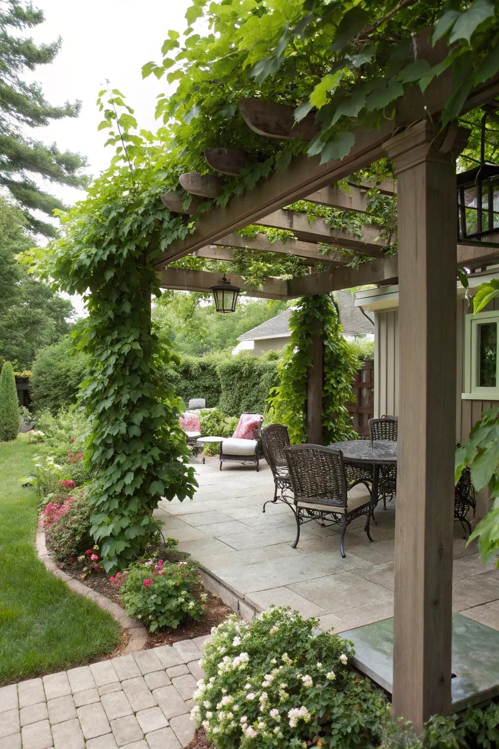 A pergola offers shade and enhances the patio's aesthetic.