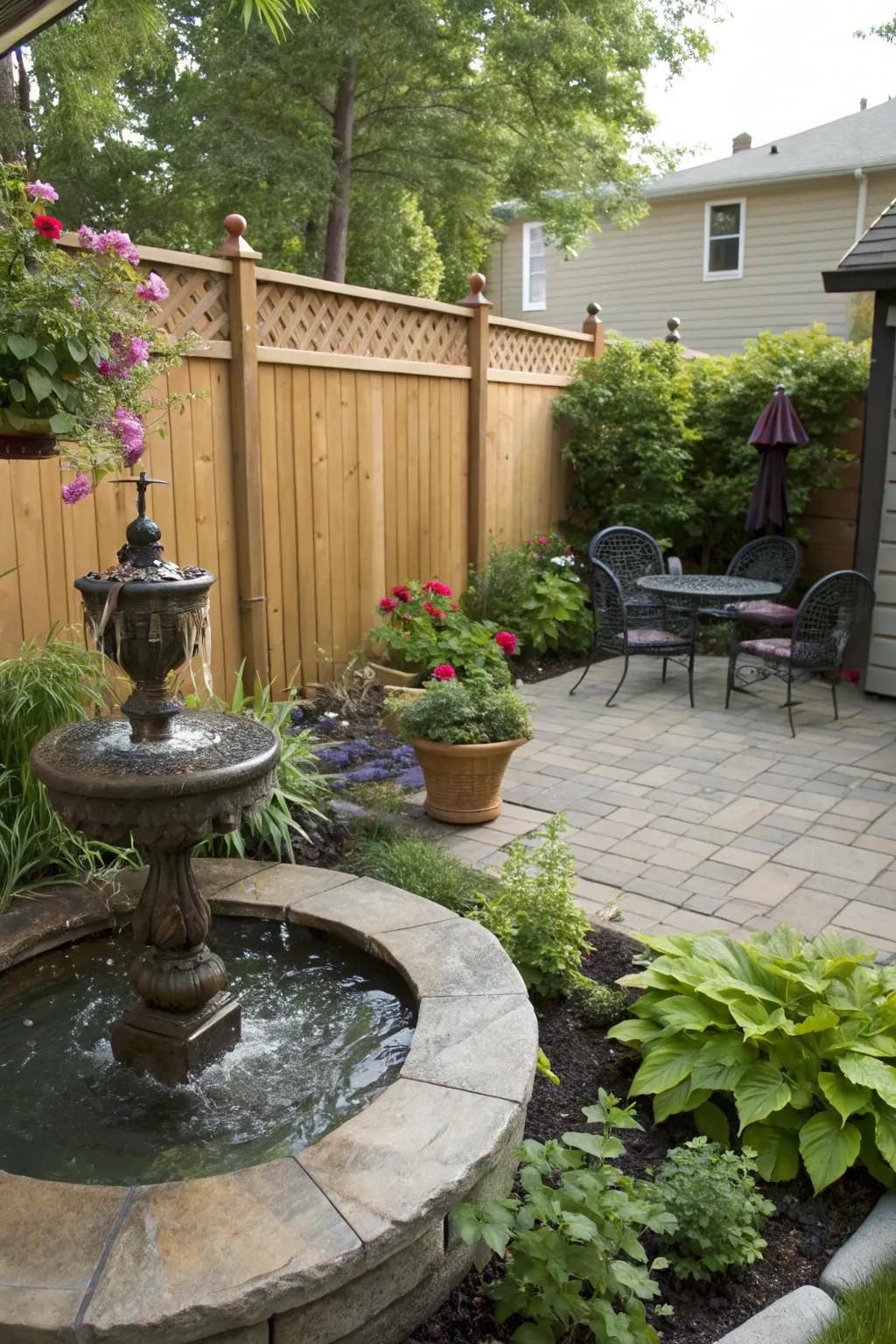 A water feature adds tranquility with its soothing sound.