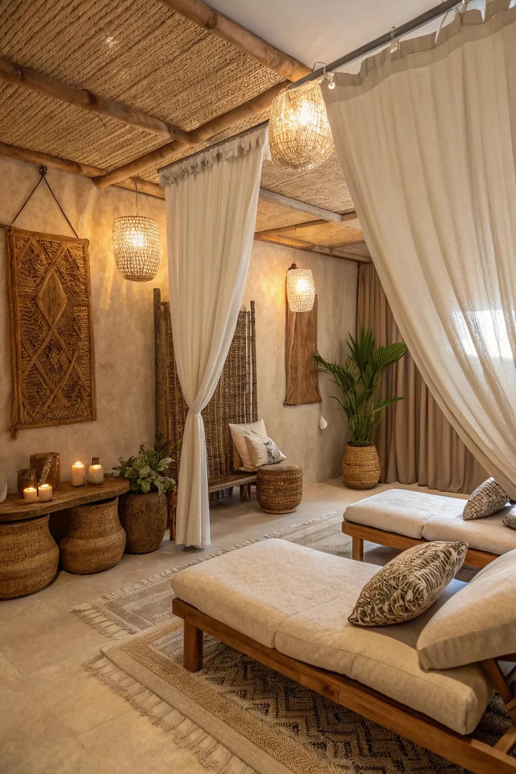 Natural fabrics provide comfort and style in a boho spa.