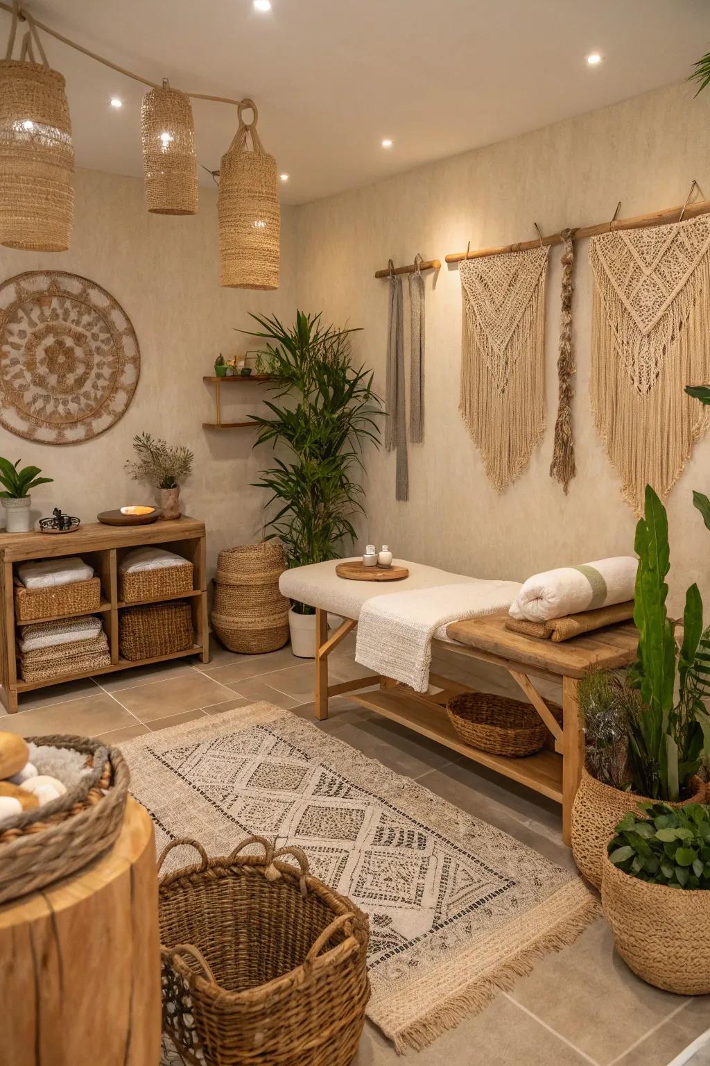 Earthy colors bring harmony to a boho spa setting.