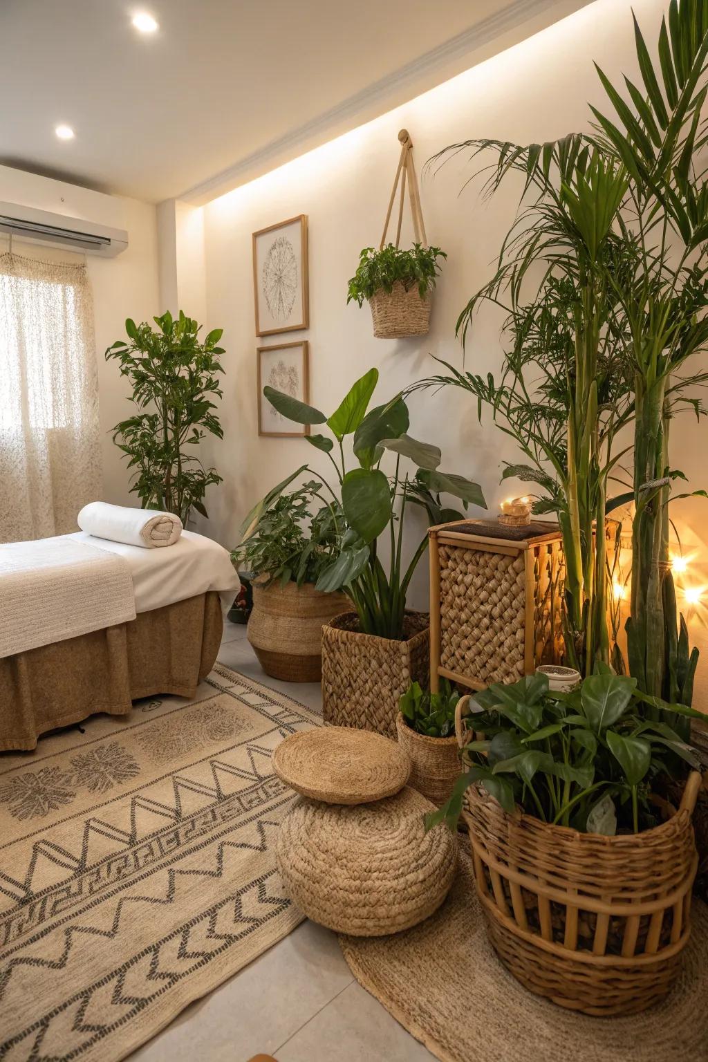 Lush greenery enhances the calming vibe of a boho spa.