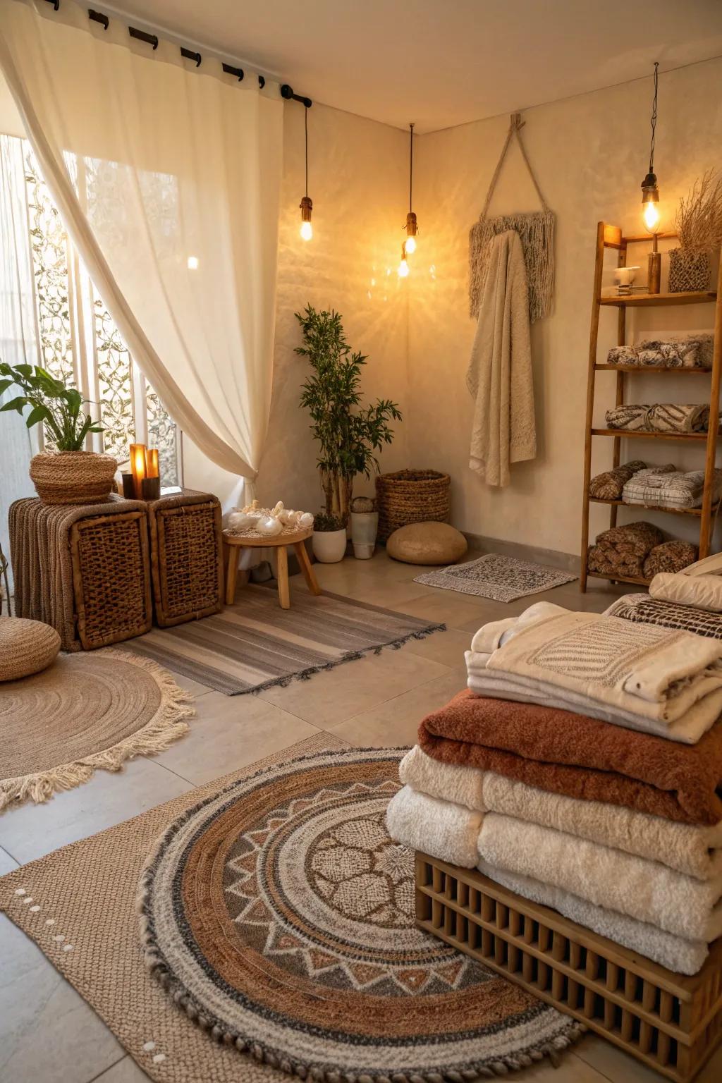 Layered textures create a warm and inviting boho spa environment.