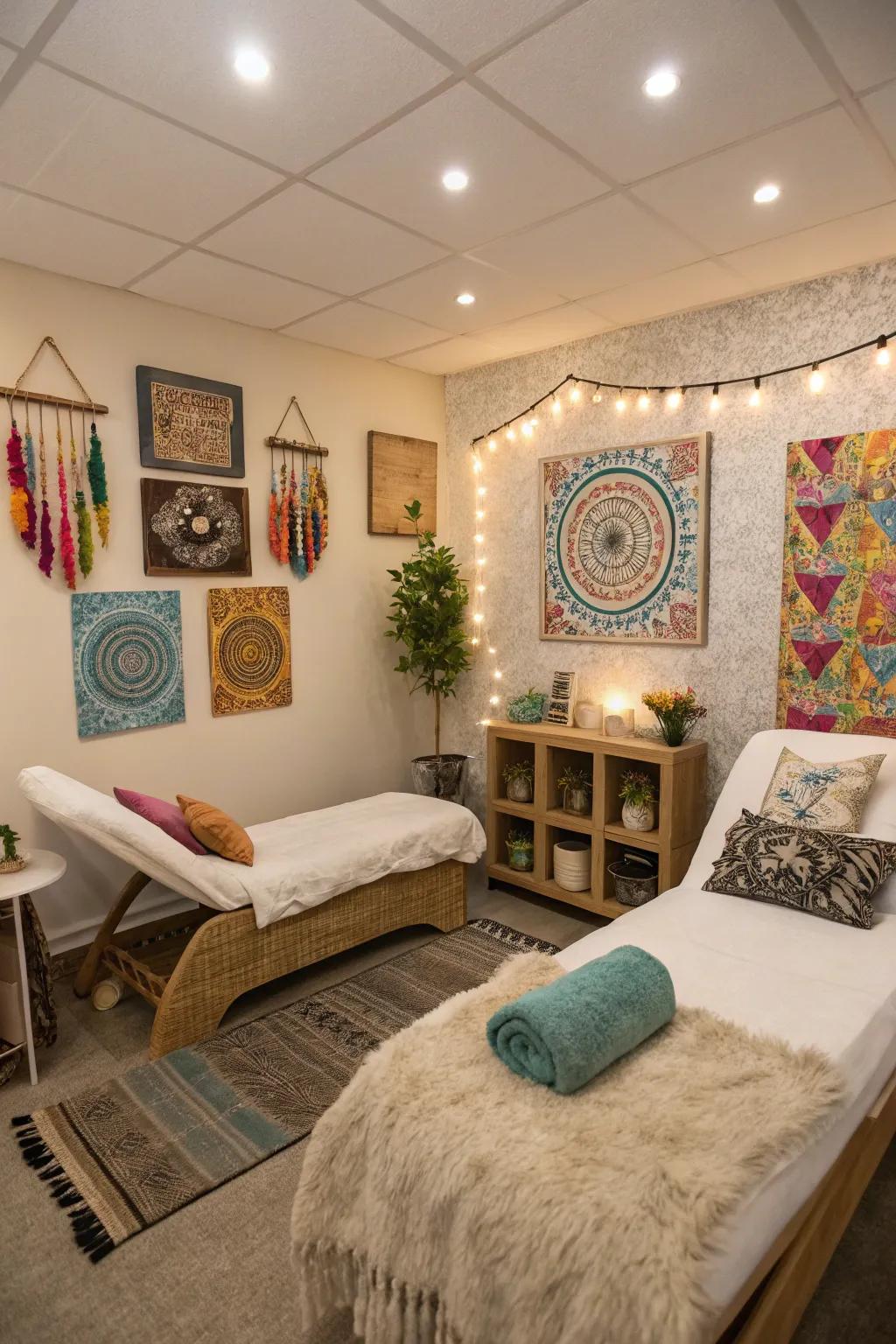 Eclectic wall art brings personality to a boho spa.