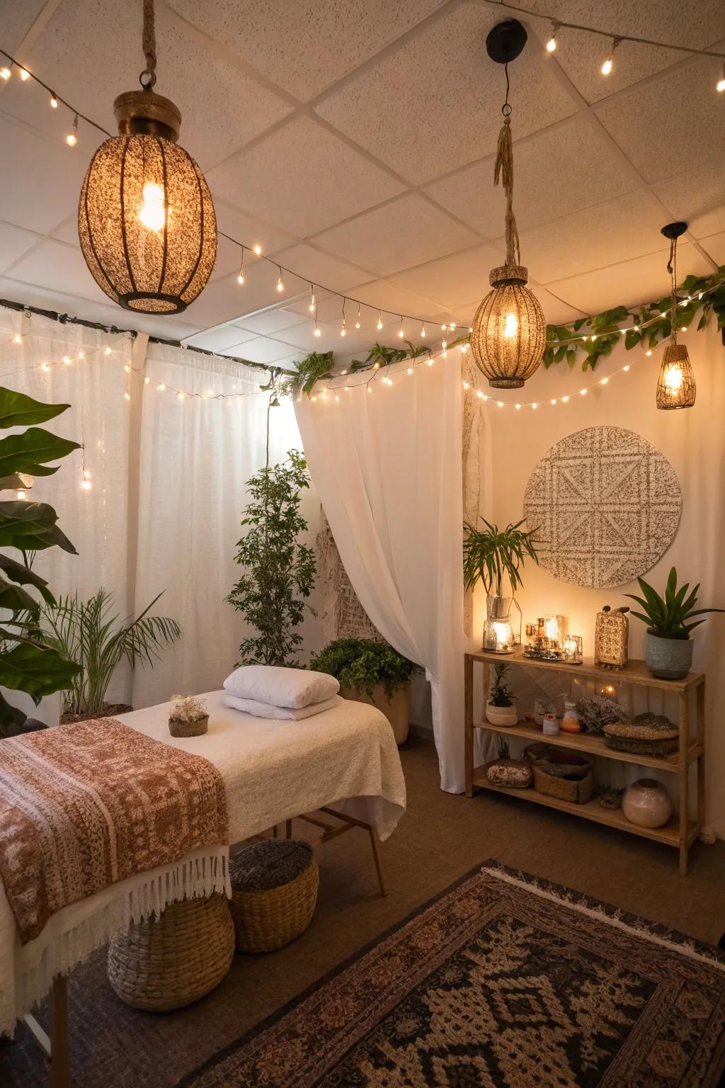 Layered lighting adds dynamic illumination to a boho spa.