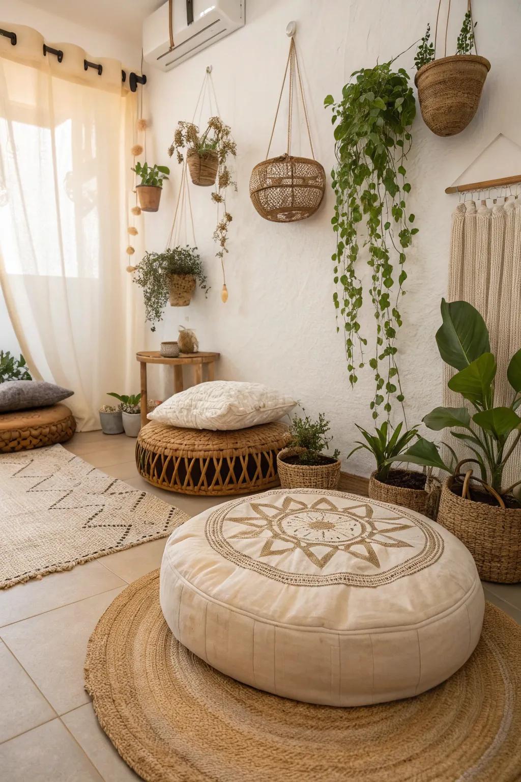 A zen corner offers a personal space for peace and reflection in a boho spa.