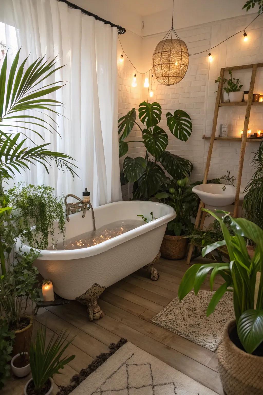 A dedicated bathing area provides a luxurious escape in a boho spa.