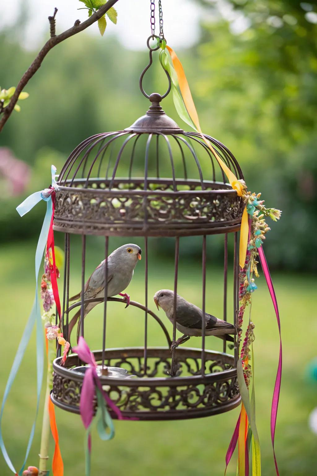 Swings add movement and playfulness to the cage.