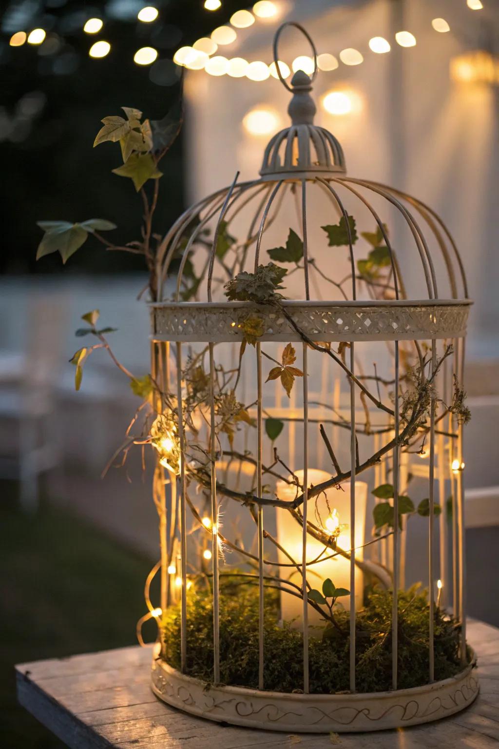 Soft lighting enhances the cage's ambiance.