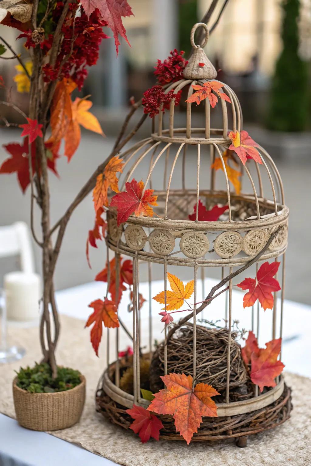 Seasonal decor keeps the cage fresh and festive.