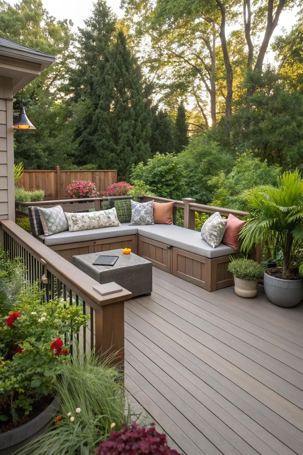 Built-in seating offers comfort and style on this composite deck.