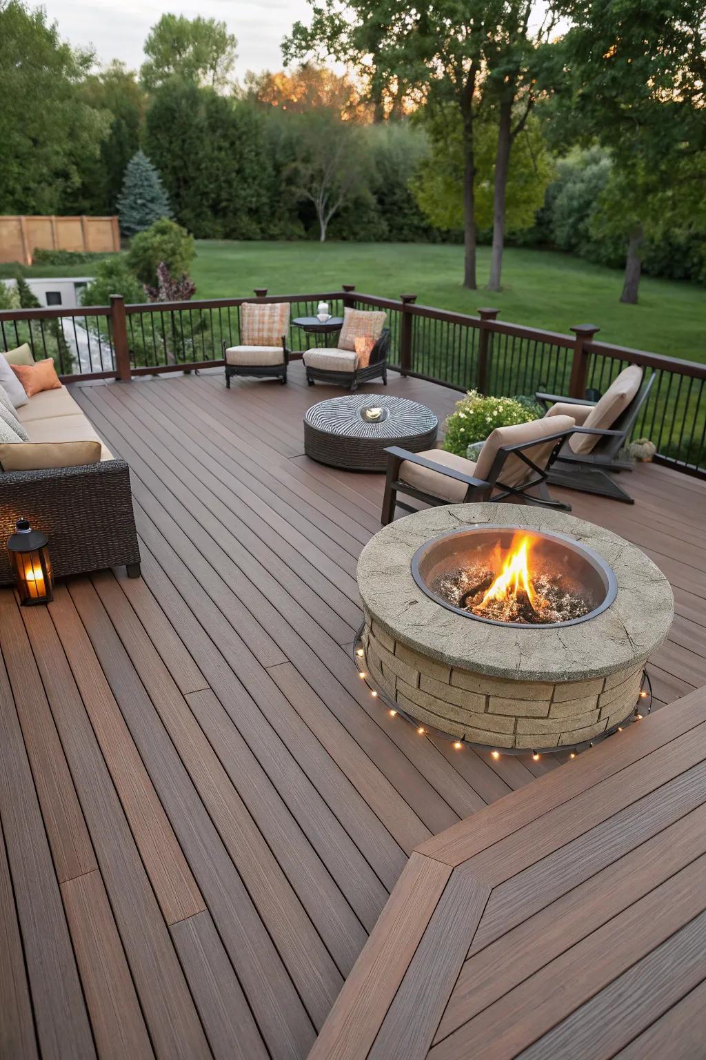 A fire pit creates a warm and inviting focal point.