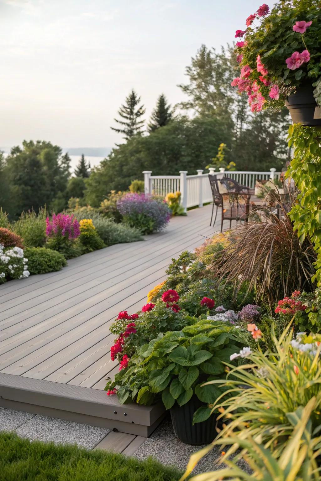 Plants framing the deck create a seamless garden integration.