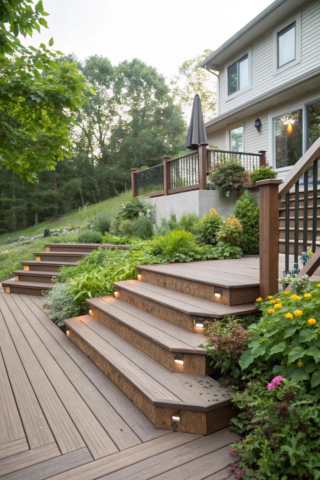 Cascading steps make a bold statement on this deck.