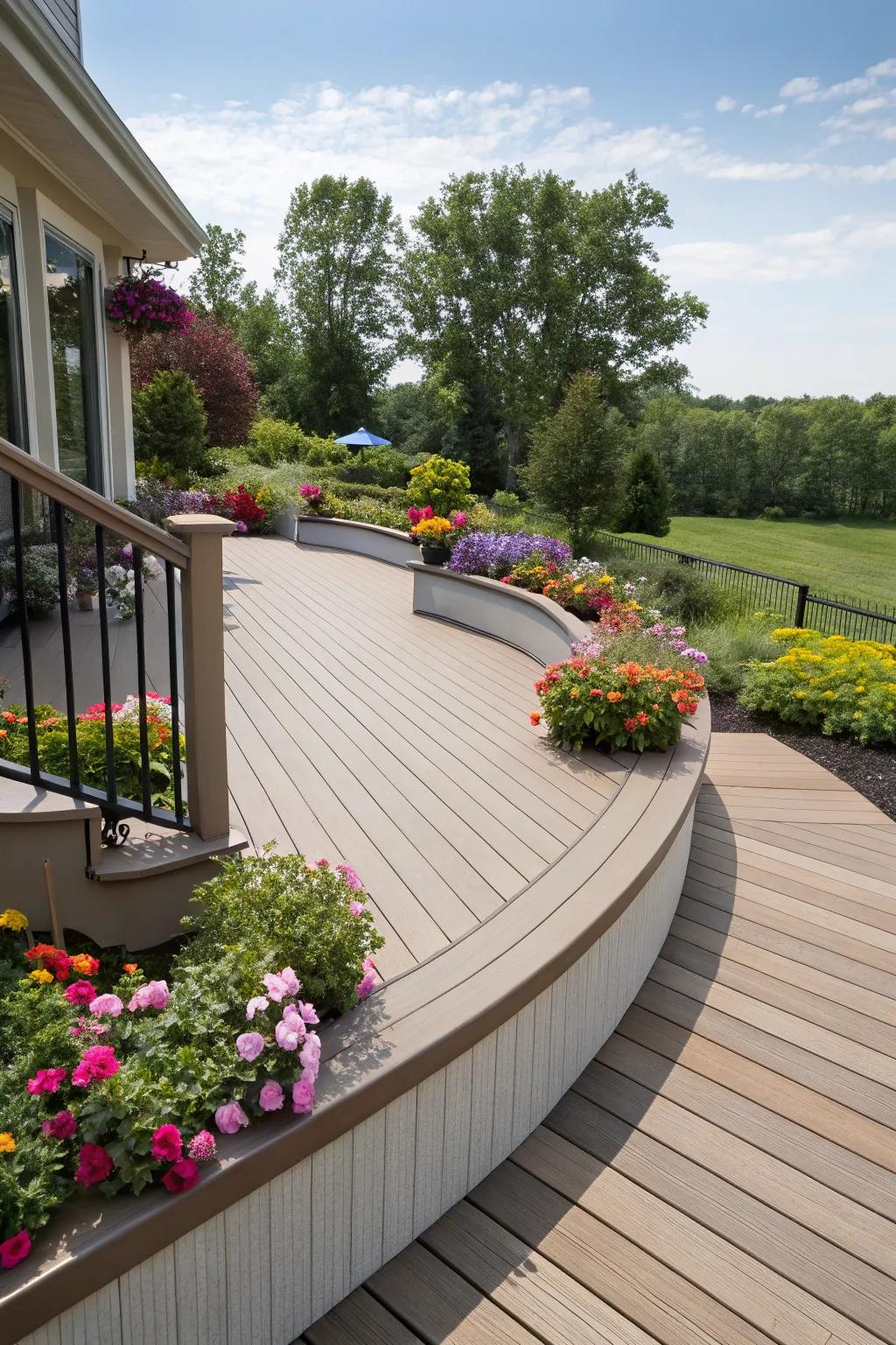 Curved deck edges beautifully integrating with garden features.