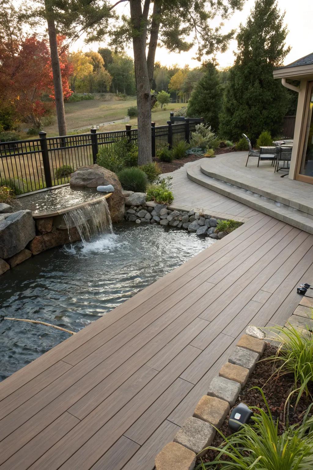 A water feature adds tranquility to the deck environment.