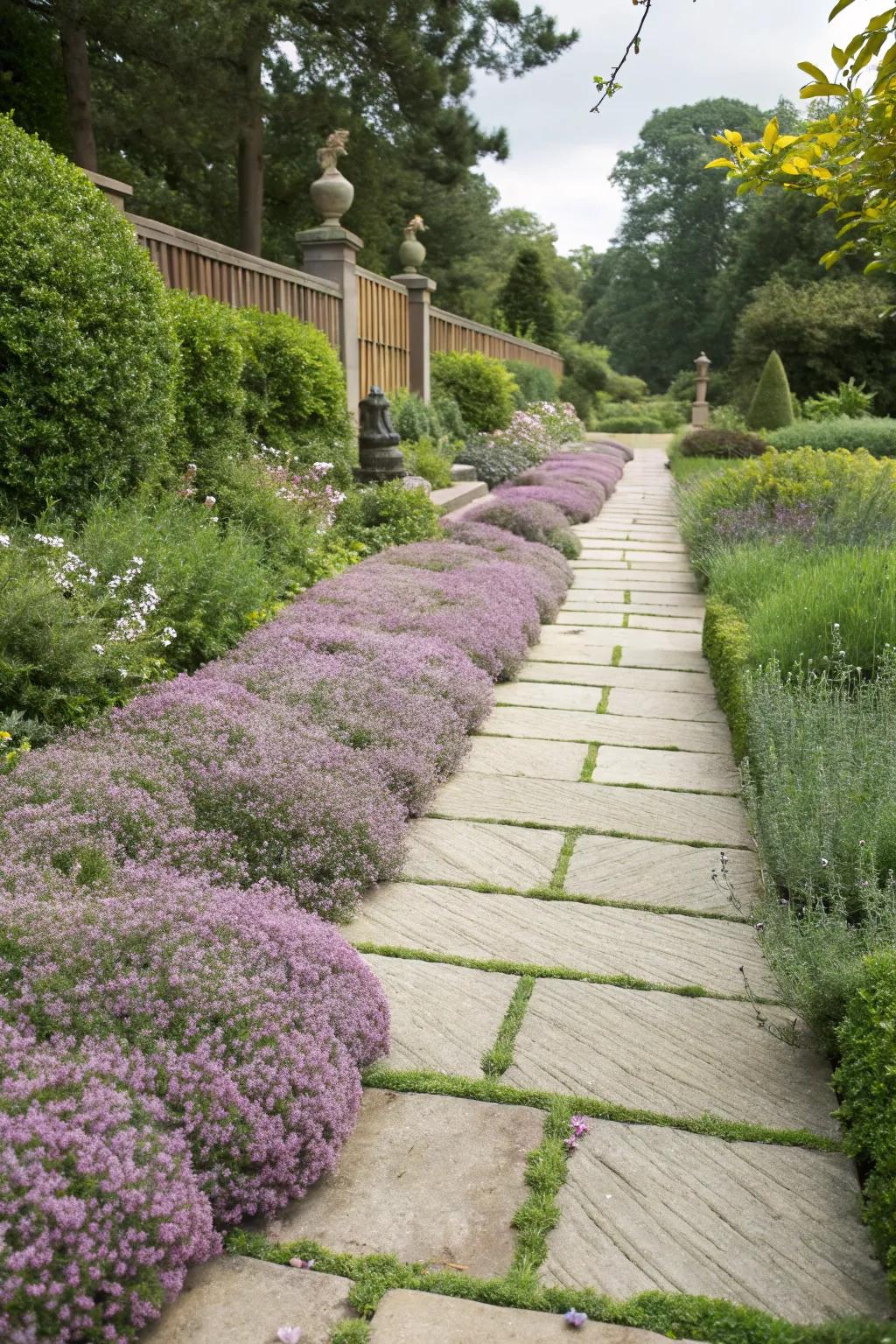 A scented walkway lined with woolly thyme in a garden setting.