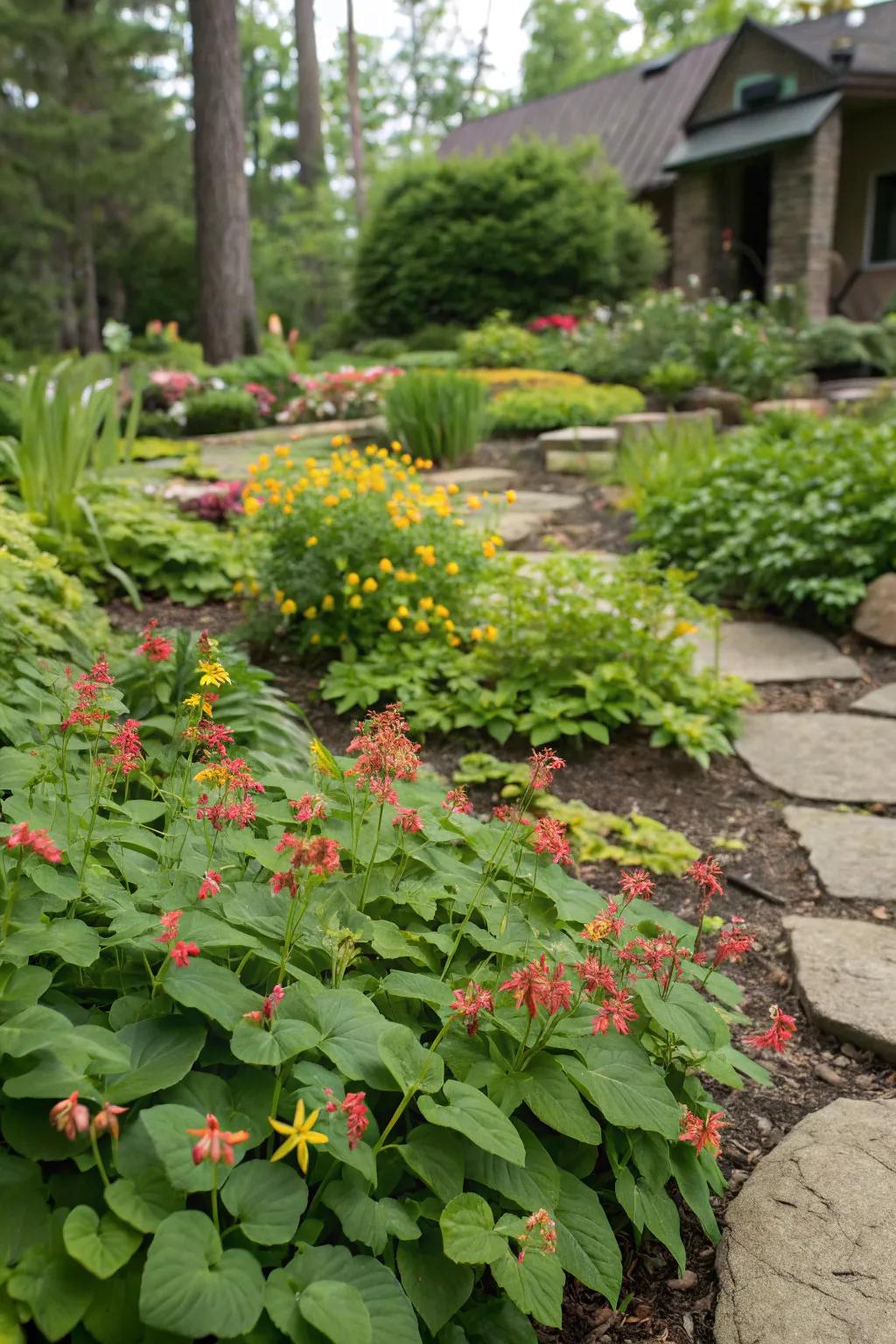 Seasonal ground covers like epimedium adding year-round interest to a garden.