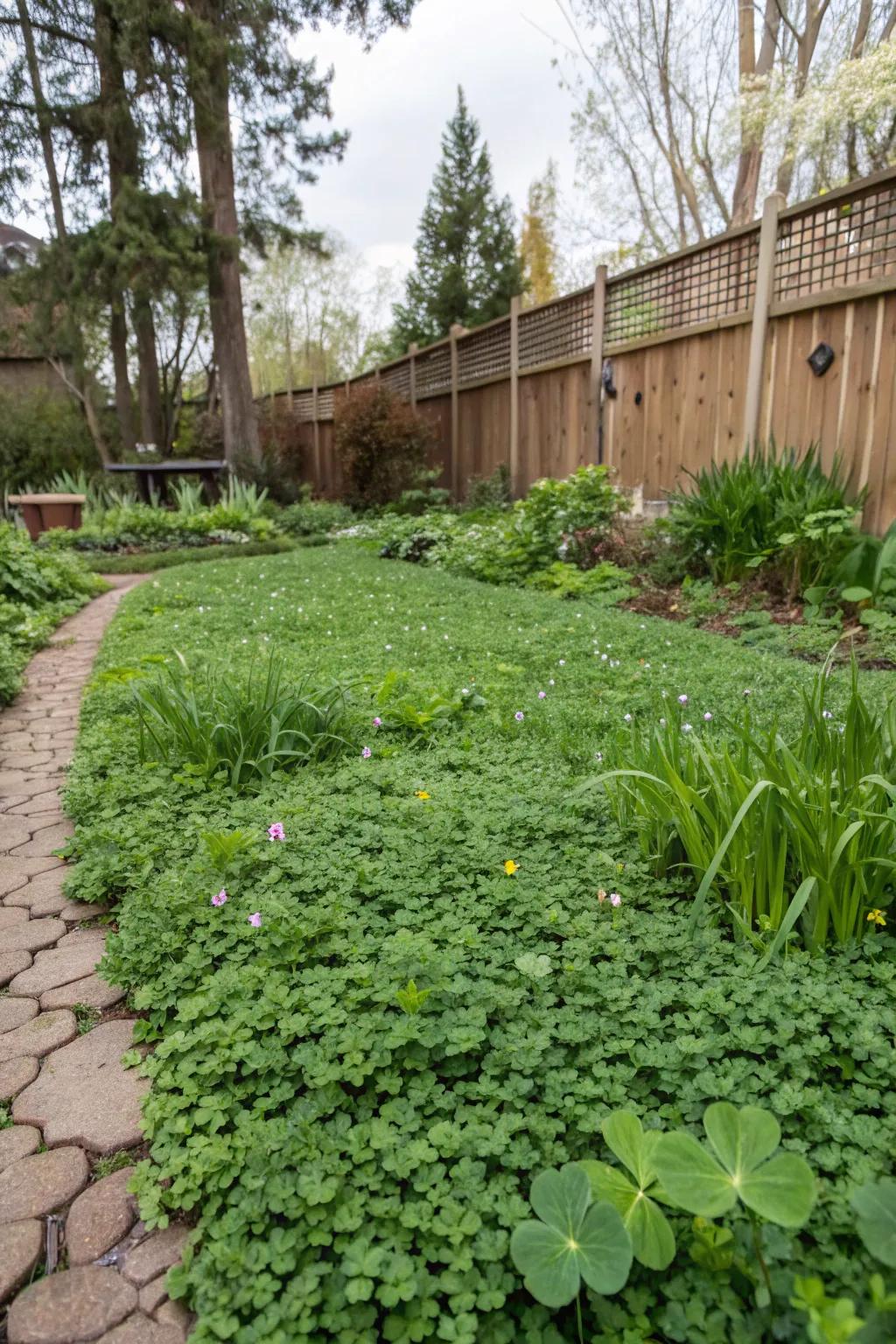 Eco-friendly clover covering a garden area, beneficial for the environment.