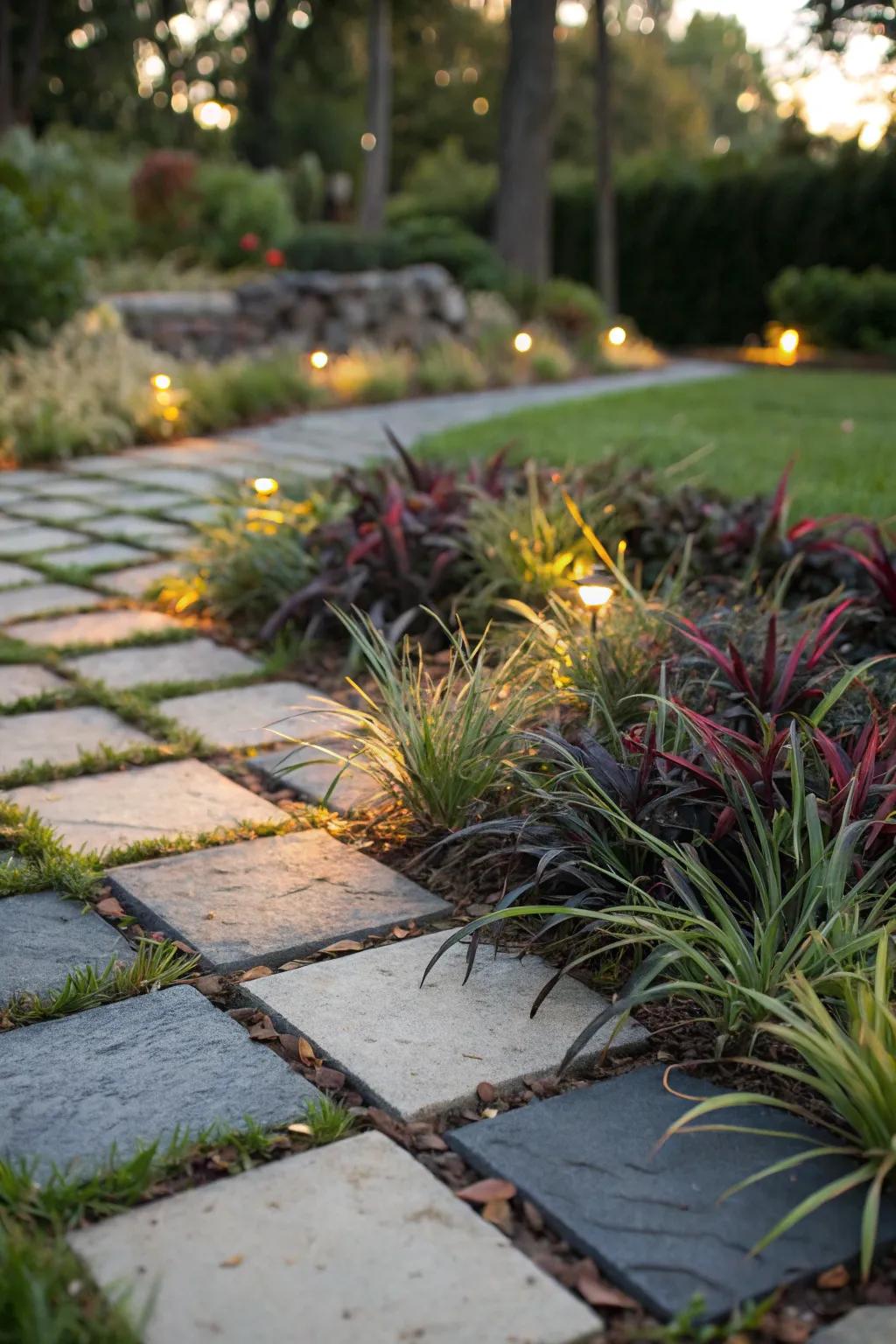 Low-maintenance sedum and lilyturf covering a garden area effortlessly.
